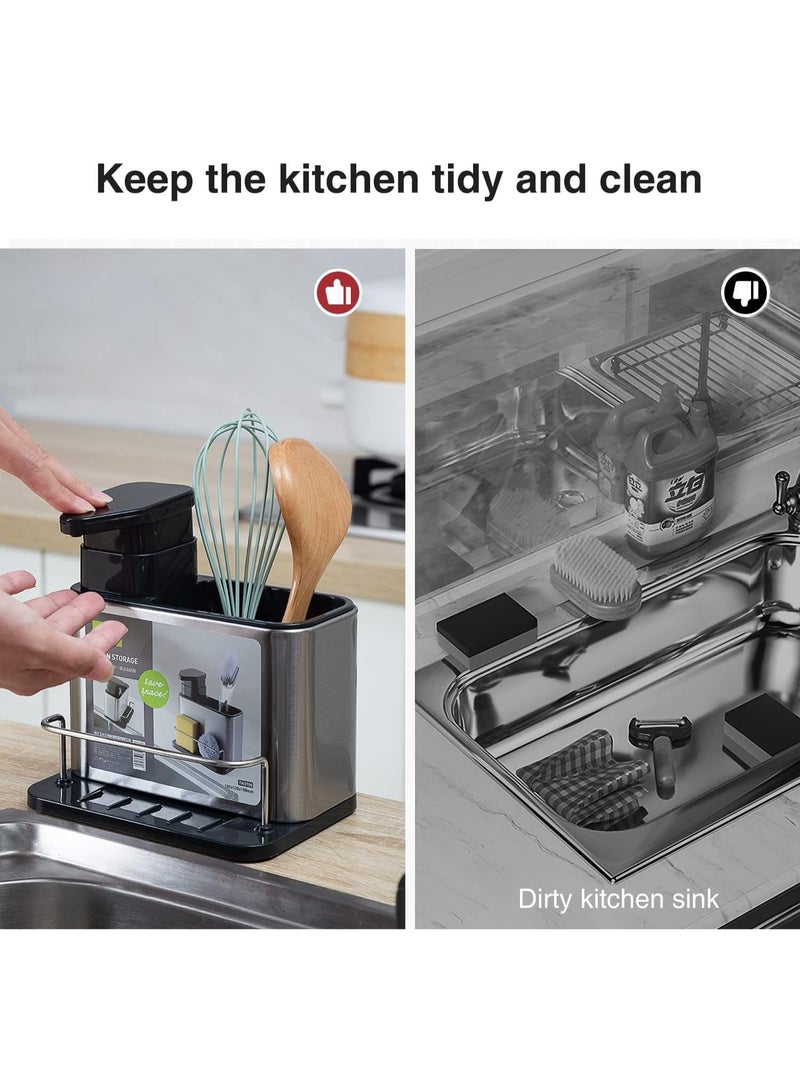 منظم حوض المطبخ متعدد الأغراض 3 في 1 - موزع سائل غسيل الأطباق، وحامل إسفنجة وأدوات تنظيف - حل سهل لتنظيم الحوض - Image 4